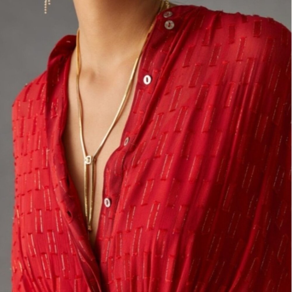 NWT Anthropologie Red Gold Shimmer Button Front Dress - Picture 4 of 9